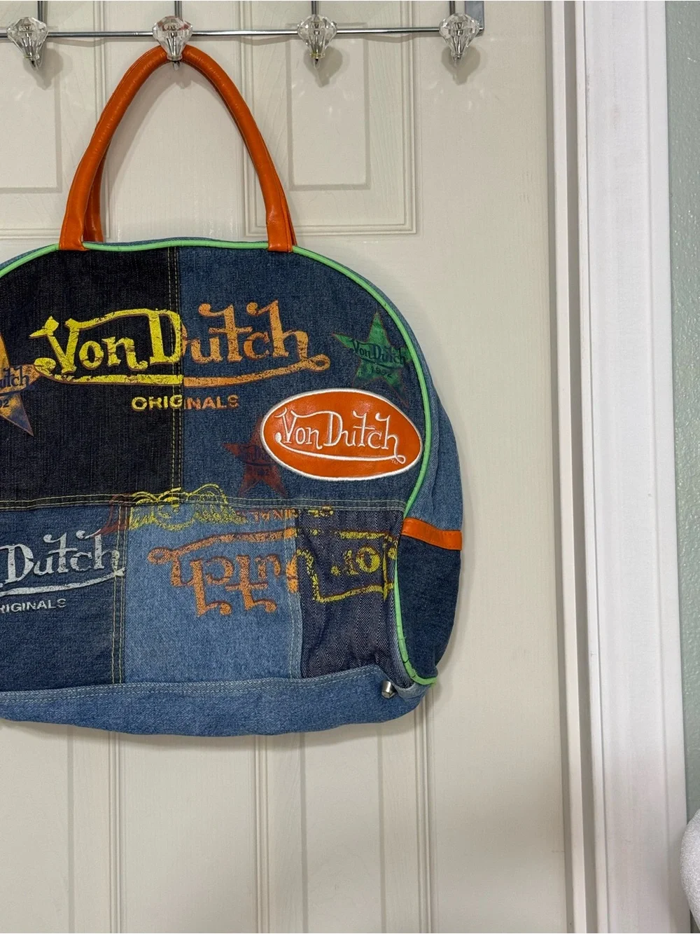 Vintage Y2K Von Dutch Denim Patchwork Bag with Orange Handles and Lime Trim